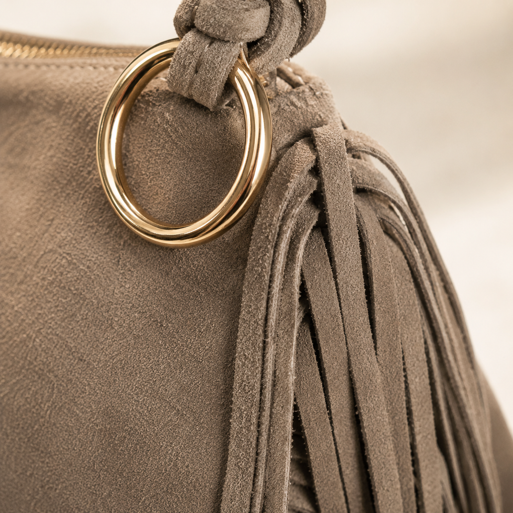 Fringe Suede Bag — Taupe