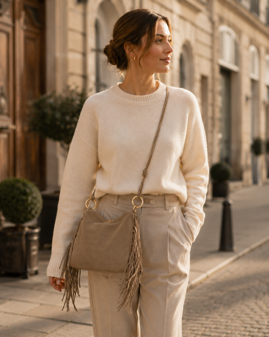 Fringe Suede Bag — Taupe